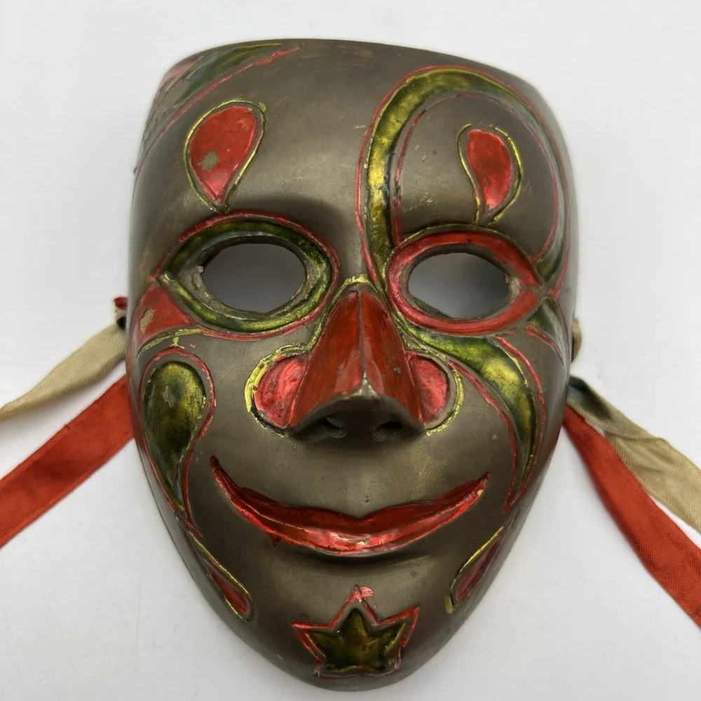Vintage India Solid Brass Hand Painted Wall Decor Theater Masquerade Masks